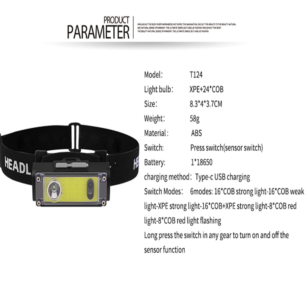Xpe+cob Headlight With Indicator Light Type-c Rechargeable Lamp Sensor Lighting Headlamp T124 (without battery)