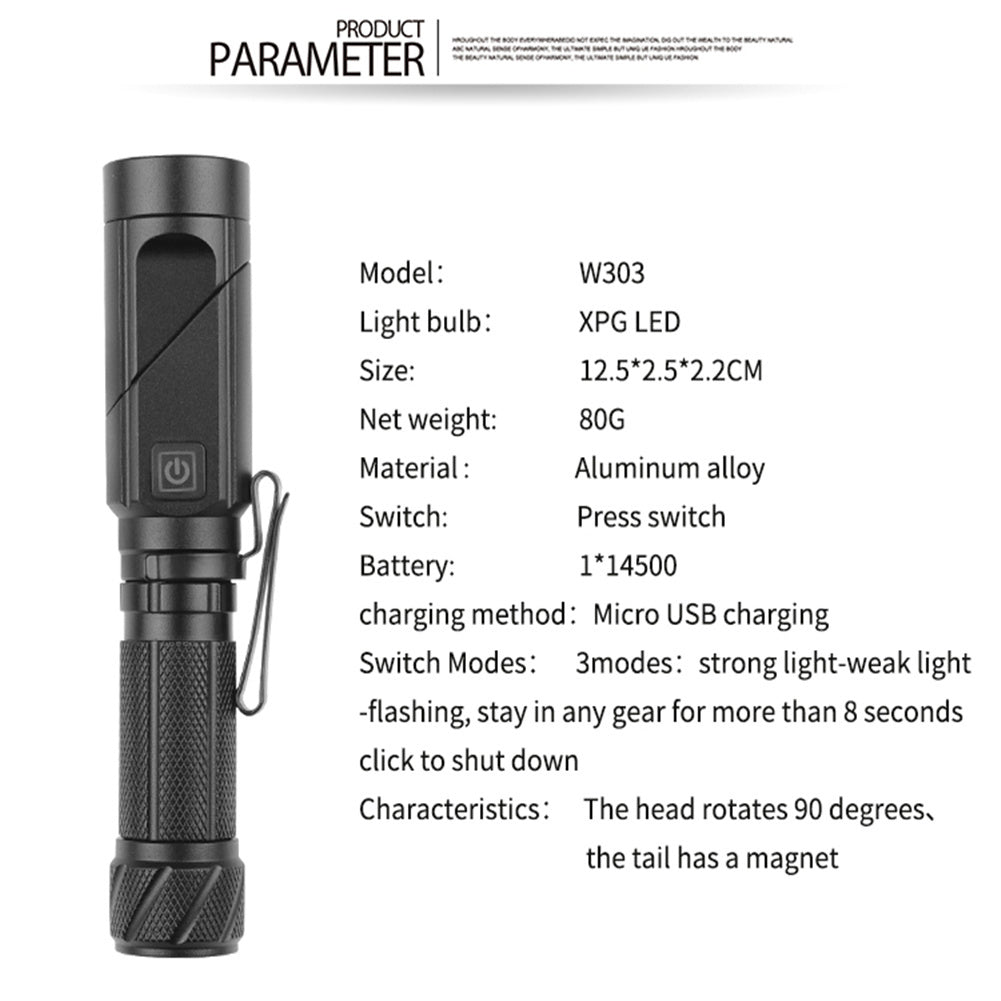 Flashlight XPG Fixed Focus Flashlight Multi-function Strong Light Reflective Headlight For Outdoor Camping W303+USB cable(no battery)