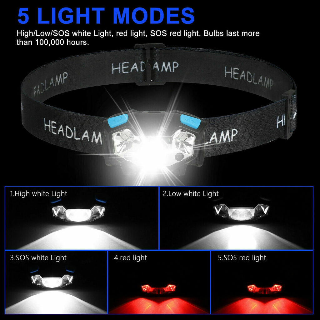 5000lm Led Headlight 5 Modes Ipx4 Waterproof USB Rechargeable Lamp Flashlight Black