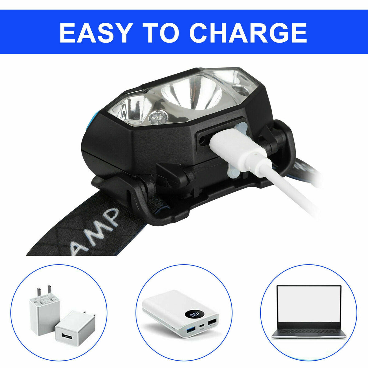 5000lm Led Headlight 5 Modes Ipx4 Waterproof USB Rechargeable Lamp Flashlight Black