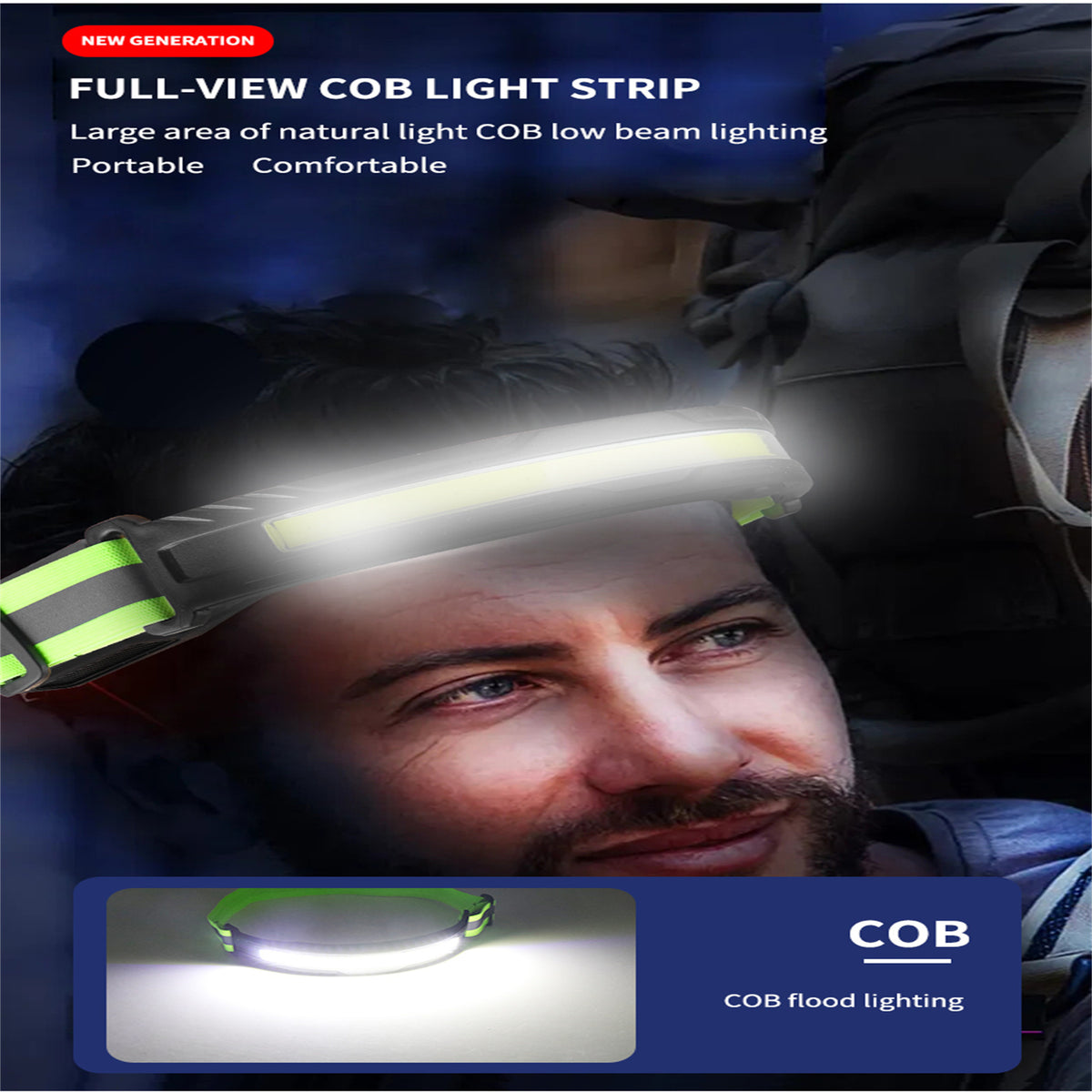 Cob Led Headlight Built-in 700mah Battery Type-c Rechargeable Headlamp Green