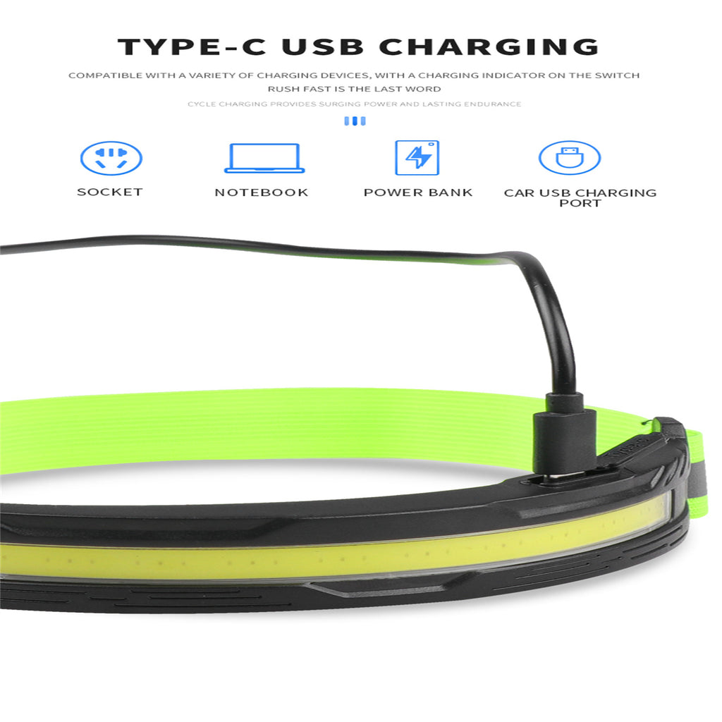 Cob Led Headlight Built-in 700mah Battery Type-c Rechargeable Headlamp Green