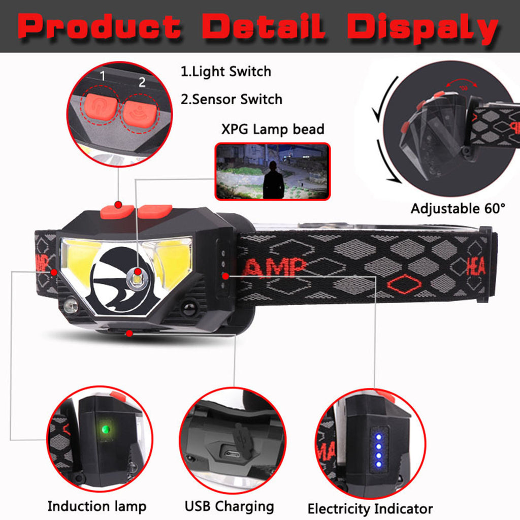 Handheld Led Headlight 8 Modes Powerful Motion Sensor Cob Flashlight Torch Head Lamp for Camping Fishing