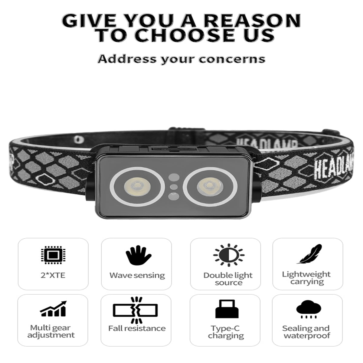 Headlamp 45 Angle Adjustable USB Rechargeable Headlight With Inductive Switch IPX4 Waterproof LED Head Lamp For Outdoor Camping black
