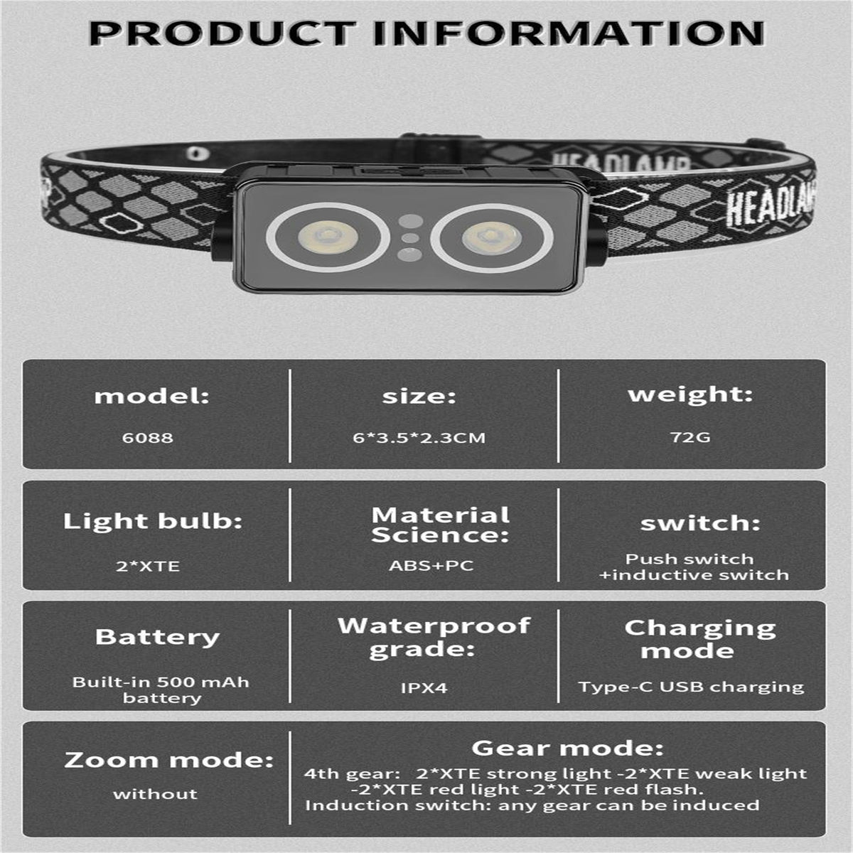 Headlamp 45 Angle Adjustable USB Rechargeable Headlight With Inductive Switch IPX4 Waterproof LED Head Lamp For Outdoor Camping black