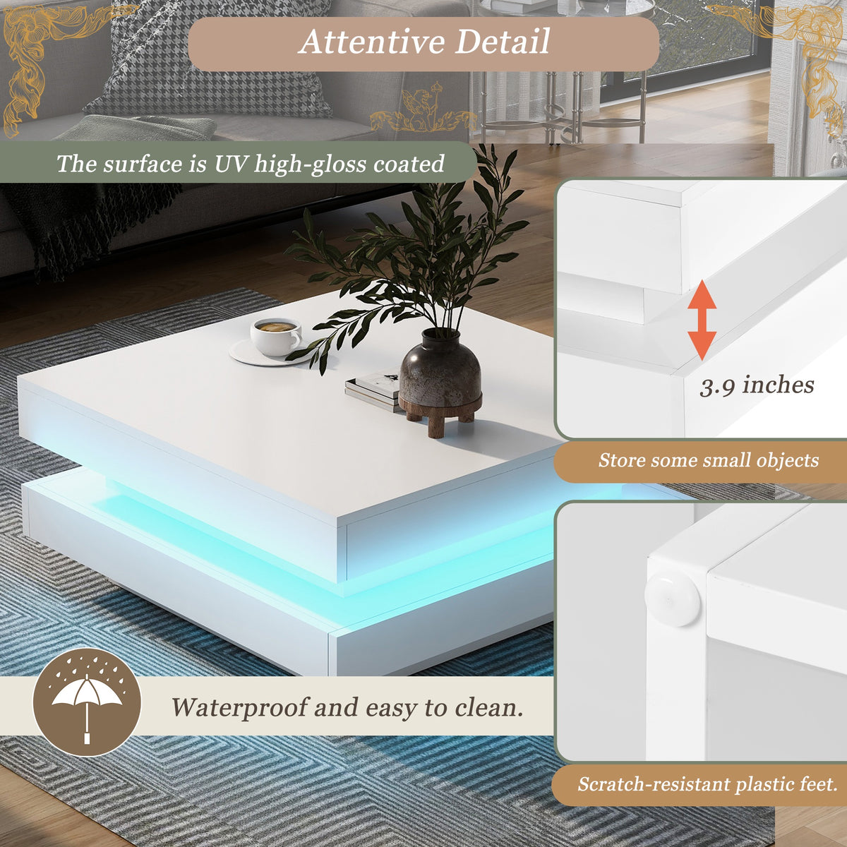 US 2-Tier Square Coffee Table With LED Lights Center Sofa Table Multifunctional Cocktail Table For Living Room Dining Room Bedroom (31.5''x31.5''x14.2'' ) Black