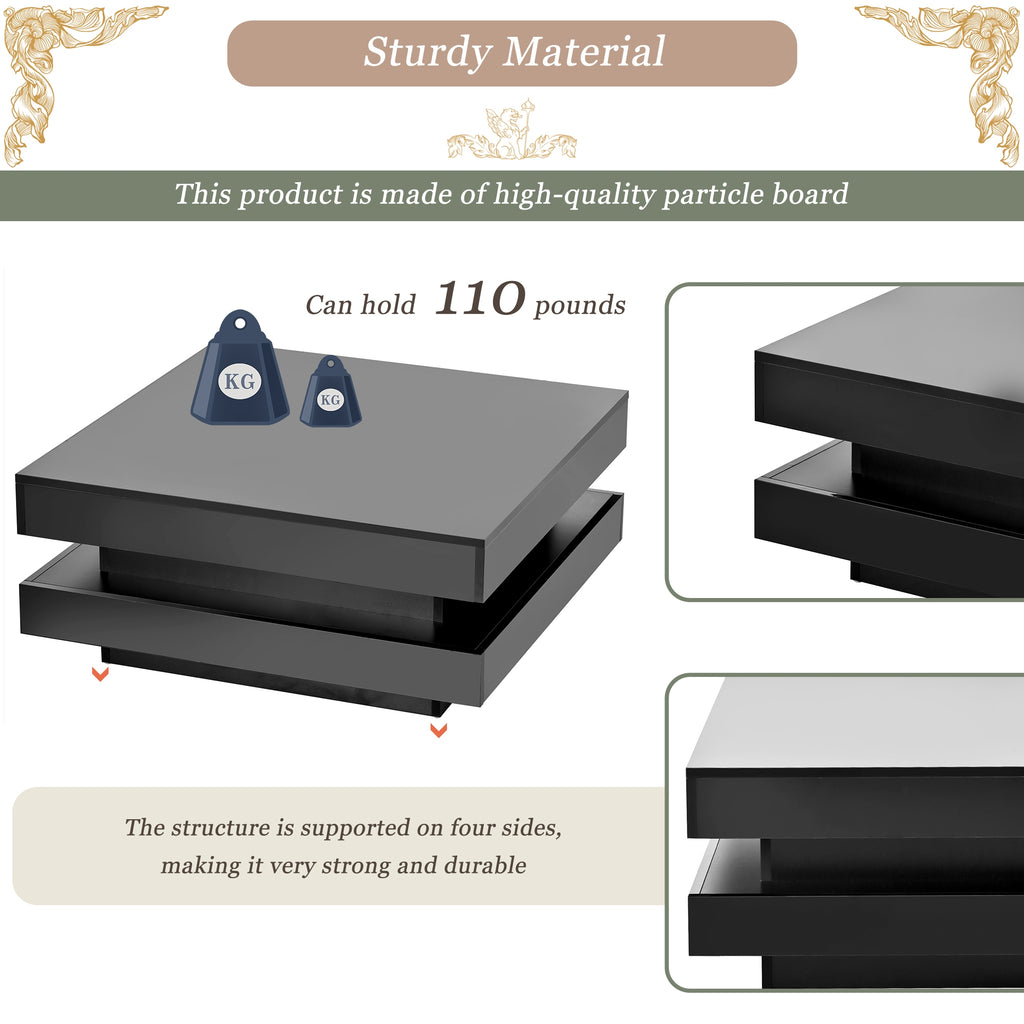 US 2-Tier Square Coffee Table With LED Lights Center Sofa Table Multifunctional Cocktail Table For Living Room Dining Room Bedroom (31.5''x31.5''x14.2'' ) Black