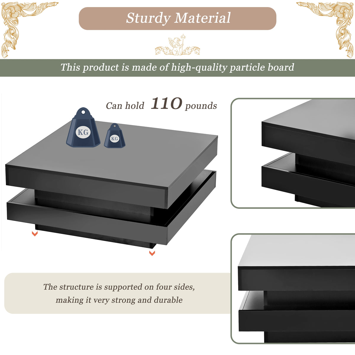 US 2-Tier Square Coffee Table With LED Lights Center Sofa Table Multifunctional Cocktail Table For Living Room Dining Room Bedroom (31.5''x31.5''x14.2'' ) Black