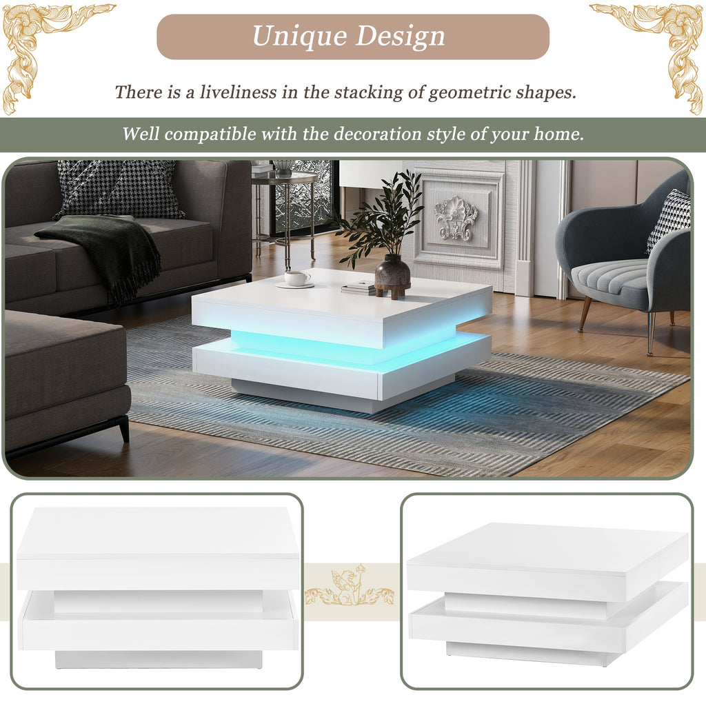 US 2-Tier Square Coffee Table With LED Lights Center Sofa Table Multifunctional Cocktail Table For Living Room Dining Room Bedroom (31.5''x31.5''x14.2'' ) Black