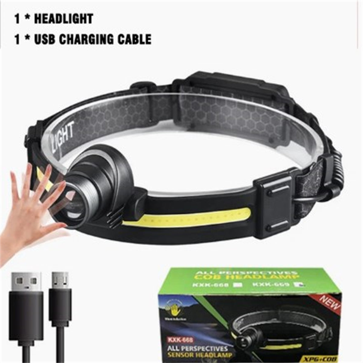 LED Headlamp With Motion Sensor, USB Rechargeable 10 Lighting Mode, COB Wide Beam Headlight, Head-mounted Waterproof For Fishing Camping Hiking Outdoor 668 zoom + USB cable