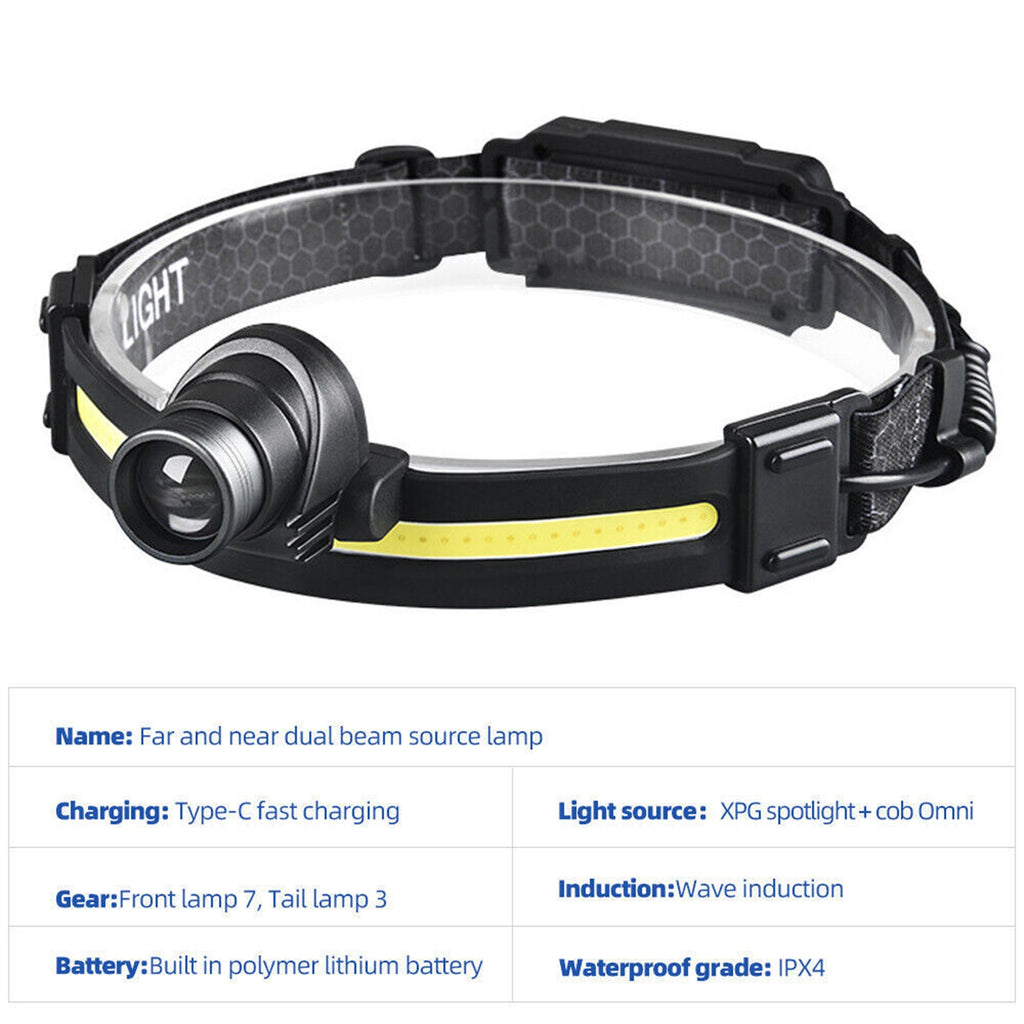 LED Headlamp With Motion Sensor, USB Rechargeable 10 Lighting Mode, COB Wide Beam Headlight, Head-mounted Waterproof For Fishing Camping Hiking Outdoor 668 zoom + USB cable