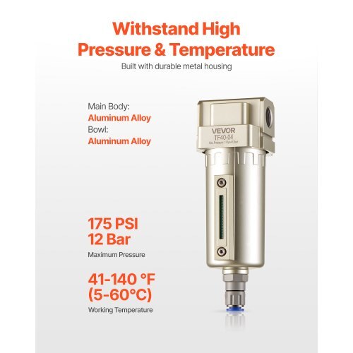 Air Compressor Filter, 1/2" NPT Air-Dryer for Compressor with 5m Brass Filter Element, Auto-Drain Air Compressor Water Separator 175 PSI Max Working Pressure, Aluminum Alloy Bowl
