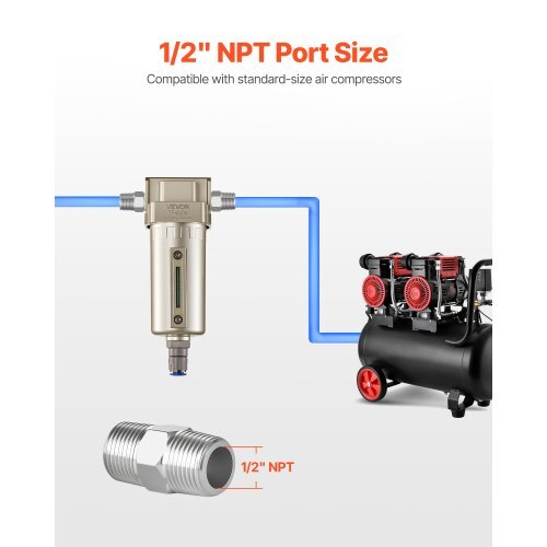 Air Compressor Filter, 1/2" NPT Air-Dryer for Compressor with 5m Brass Filter Element, Auto-Drain Air Compressor Water Separator 175 PSI Max Working Pressure, Aluminum Alloy Bowl