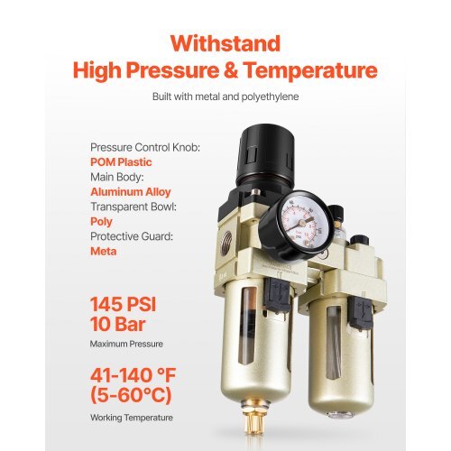 Air Compressor Filter Regulator Lubricator (FRL), 3/8" NPT Air Compressor Water Separator, Semi-Auto Drain Air-Drying System with 5m Brass Filter Element, 145PSI Max Working Pressure, Poly Bowl