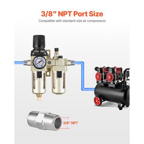 Air Compressor Filter Regulator Lubricator (FRL), 3/8" NPT Air Compressor Water Separator, Semi-Auto Drain Air-Drying System with 5m Brass Filter Element, 145PSI Max Working Pressure, Poly Bowl