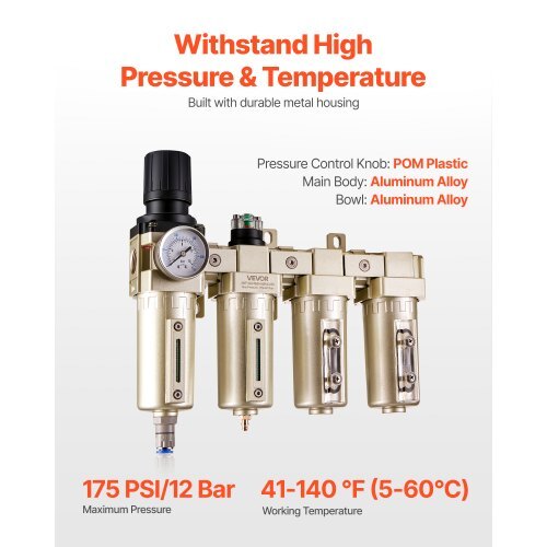 Air Compressor Filter Regulator, 3/4" NPT 4-Stage 5m & 0.3m & 0.1m & 0.1m Air Drying System with Micron Filters & Double Desiccant Dryer, Auto Drain Air Compressor Water Separator 175PSI Max