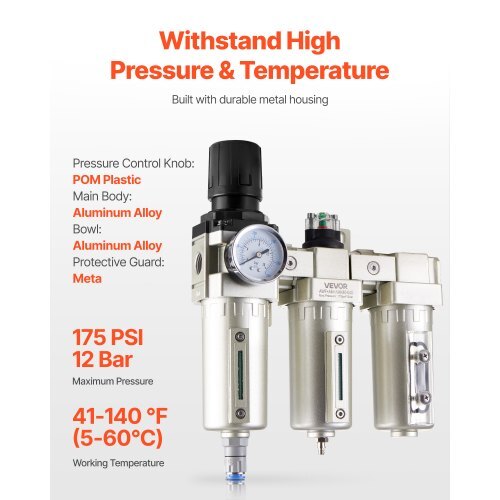 Air Compressor Filter Regulator, 1/2" NPT 3-Stage 5m & 0.3m & 0.1m Air Drying System with Micron Filters and Desiccant Dryer, Auto Drain Air Compressor Water Separator 175PSI Max Pressure