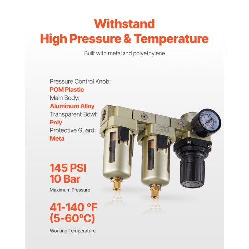 Air Compressor Filter Regulator, 3/8" NPT Dual Stage Air-Drying System with 25m + 5m Brass Filter Element, Semi-Auto Drain Air Compressor Water Separator 145PSI Max Working Pressure, Poly Bowl