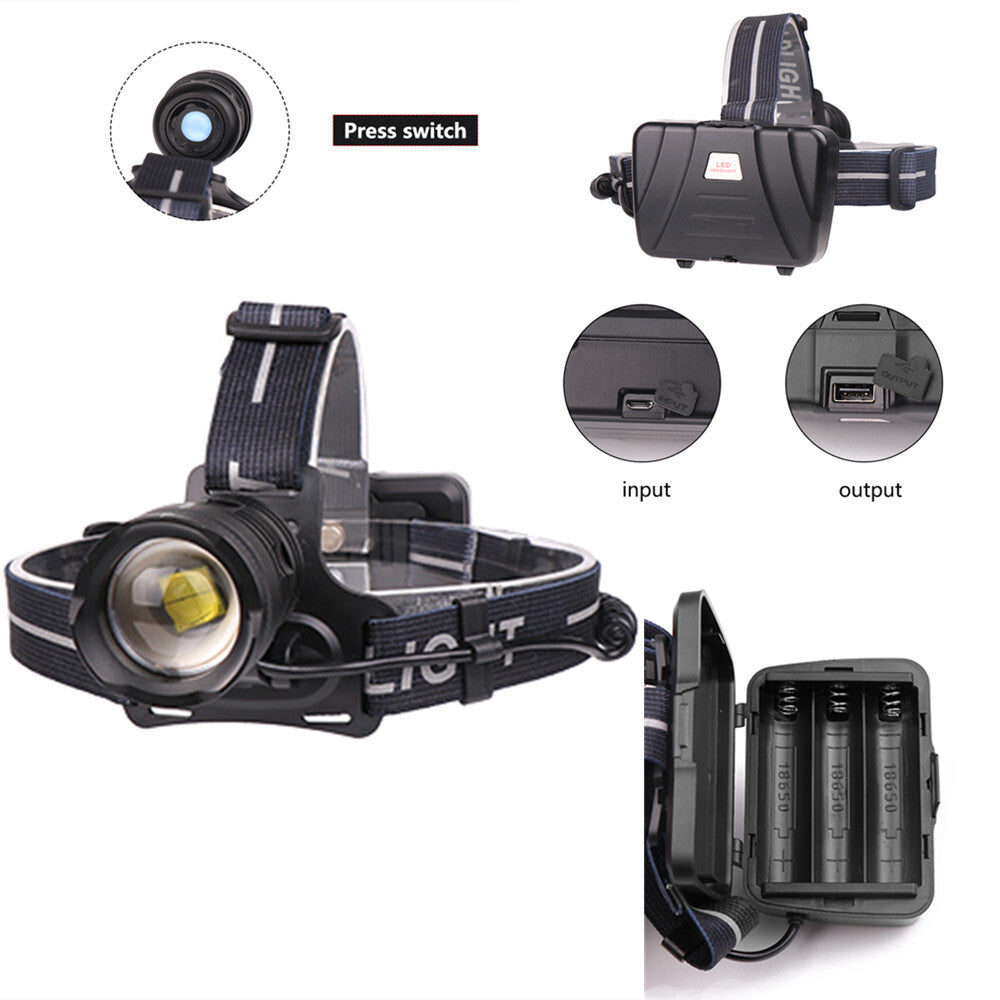 XHP70 USB Charging Strong Light LED Headlight Telescopic Zoom Fishing Light  Positive white light