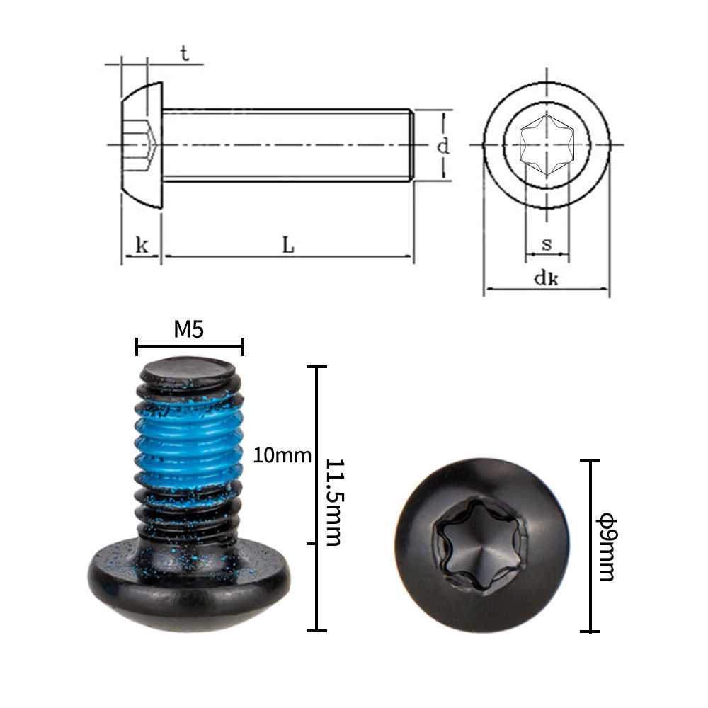 12PCS Colorful Bicycle Disc Brake Rotor Torx Bolts T25 M5x10mm MTB Bike Alloy Steel Disc Brake Rotor Fixing Screws black