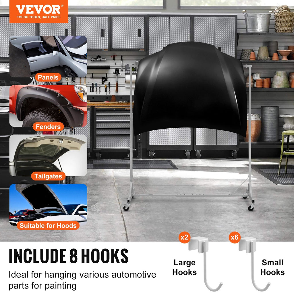 Painting Rack, 5 ft-7 ft Adjustable Height, 66 lbs Capacity Automotive Paint Rack Stand, 8 Hooks Painting Drying Rack with 4 Swiveling Wheels, Auto Body Stand for Auto Repair Shops & Garage