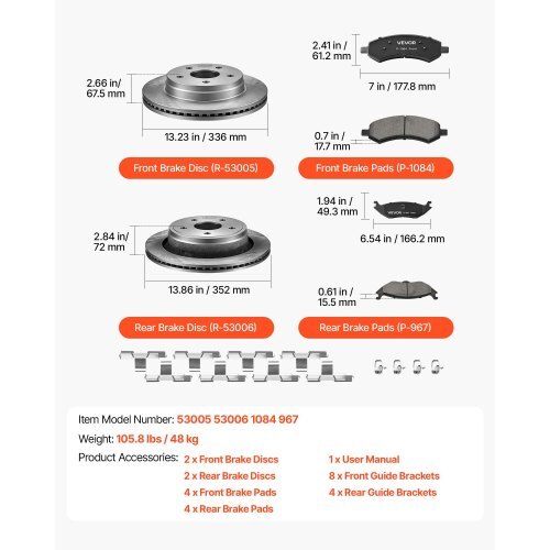 Front & Rear Brake Kit Ceramic Brake Pads & Hollow Brake Rotors Kit, Compatible with 2007-2009 Dodge Durango & Chrysler Aspen, 2011-2018 Ram 1500 (5-Lug), 2019-2023 Ram 1500 Classic