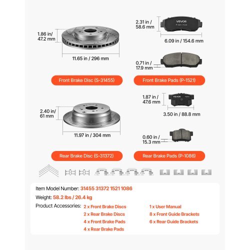 Front & Rear Brake Kit Compatible with 2012-2016 Honda CR-V (AWD), Cast Iron Drilled and Slotted Brake Rotors, Ceramic Brake Pads Replacement Kit, 11.65" Front Rotors and 12" Rear Rotors