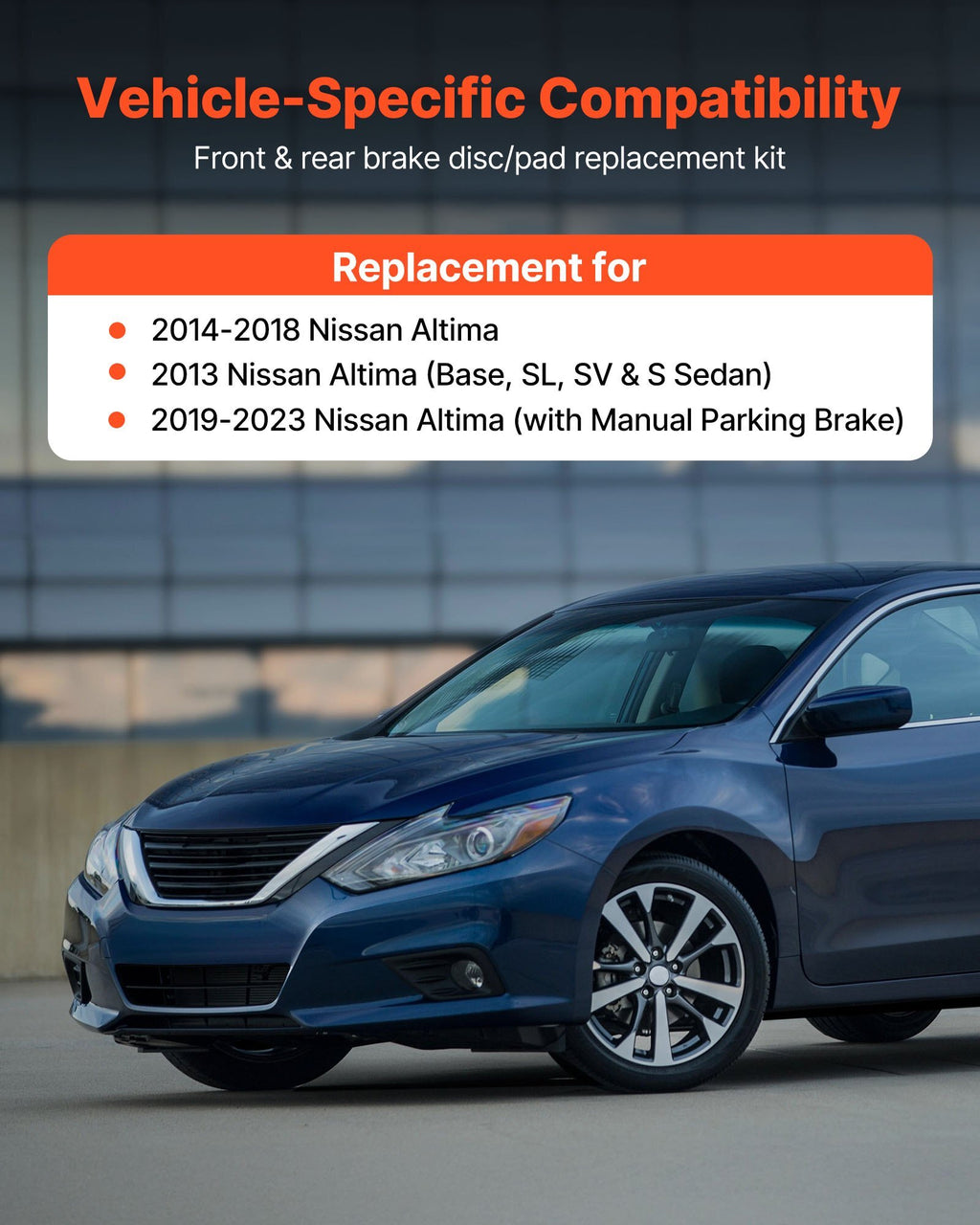 Front and Rear Brake Kit Compatible with 2013 Nissan Altima (Base, SL, SV & S Sedan), 2014-2018 Nissan Altima, 2019-2023 Nissan Altima (with Manual Parking Brake), Hollow Structure Front Rotors
