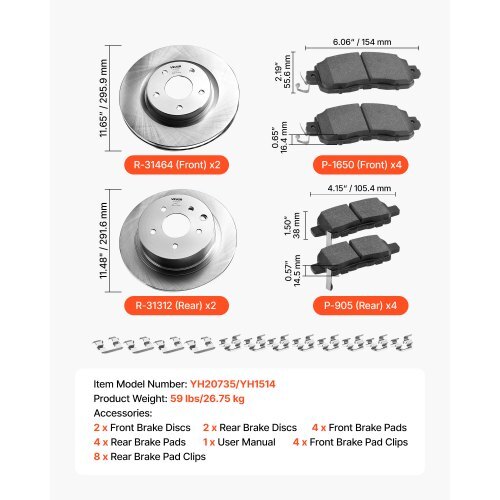 Front and Rear Brake Kit Compatible with 2013 Nissan Altima (Base, SL, SV & S Sedan), 2014-2018 Nissan Altima, 2019-2023 Nissan Altima (with Manual Parking Brake), Hollow Structure Front Rotors