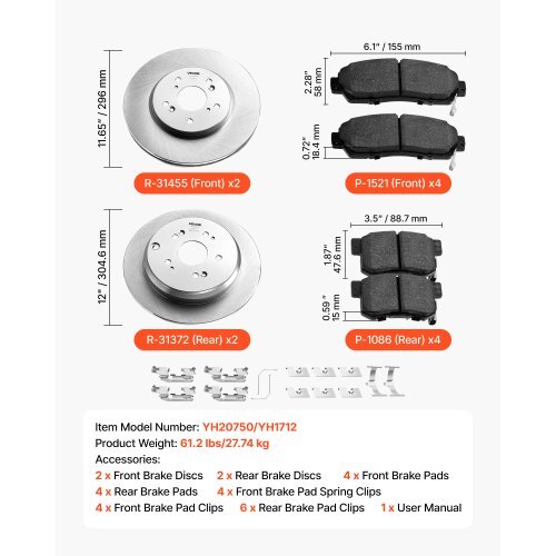 Front & Rear Brake Kit Compatible with 2012-2016 Honda CR-V (AWD Models), Ceramic Brake Replacement Kits, 12 inch Hollow Structure Front Rotors, 12 inch Solid Structure Rear Rotors, R-31455