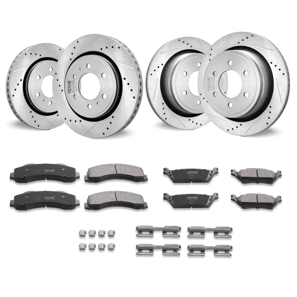 Front and Rear Brake Kit Compatible with 2012-2020 Ford F-150(MPB Only), Drilled and Slotted Brake Rotors Ceramic Brake Pads Replacement, 13.8" Front Rotors 13.7" Rear Rotors