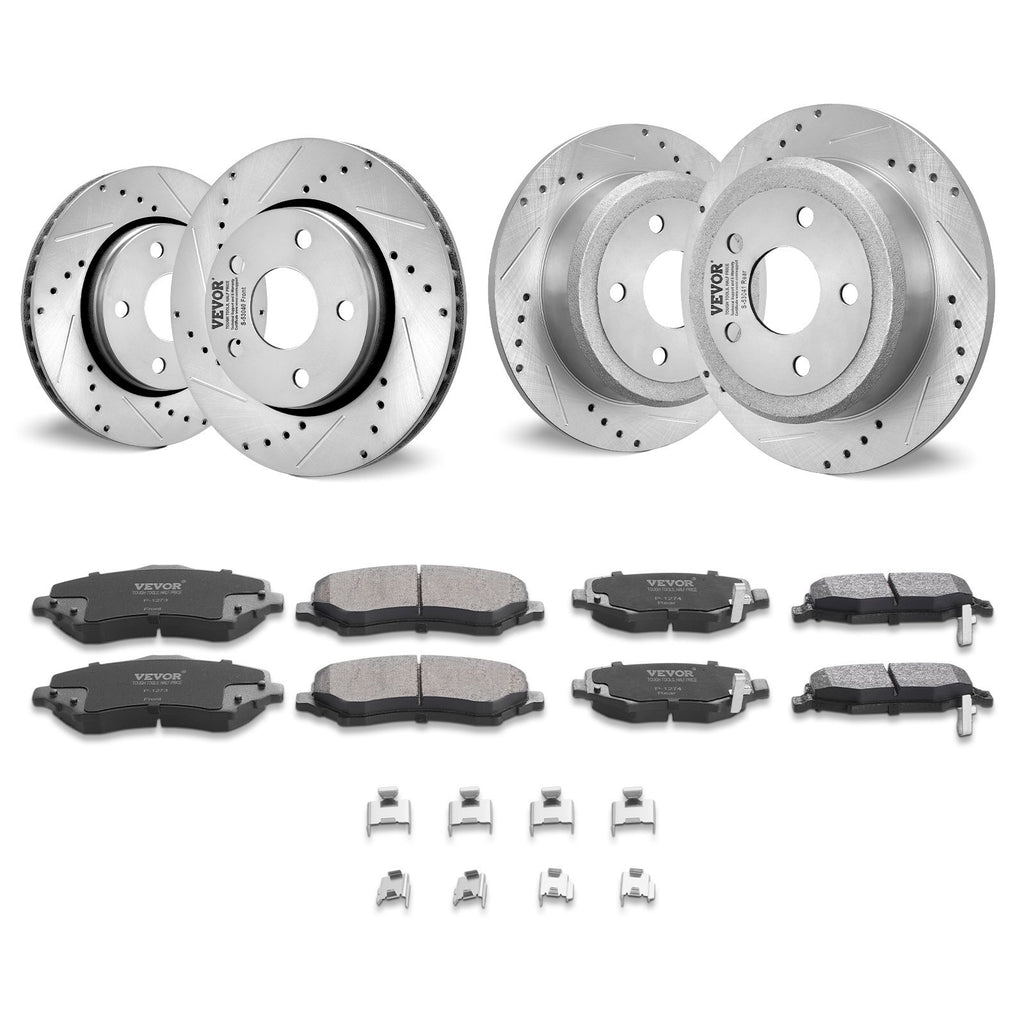 Front and Rear Brake Kit Compatible with 2007-2017 Jeep Wrangler, Drilled and Slotted Brake Rotors Ceramic Brake Pads Replacement, 11.9" Front Rotors 12.4" Rear Rotors