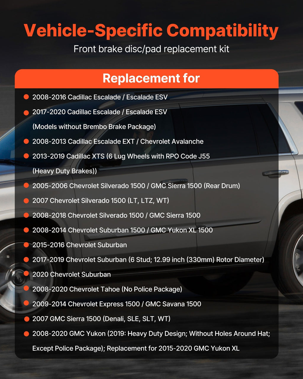 Front Brake Kit Compatible with 2008-2016 Cadillac Escalade/Escalade ESV, 2017-2020 Cadillac Escalade/Escalade ESV (Models without Brembo Brake Package), Drilled & Slotted Brake Rotors Kit