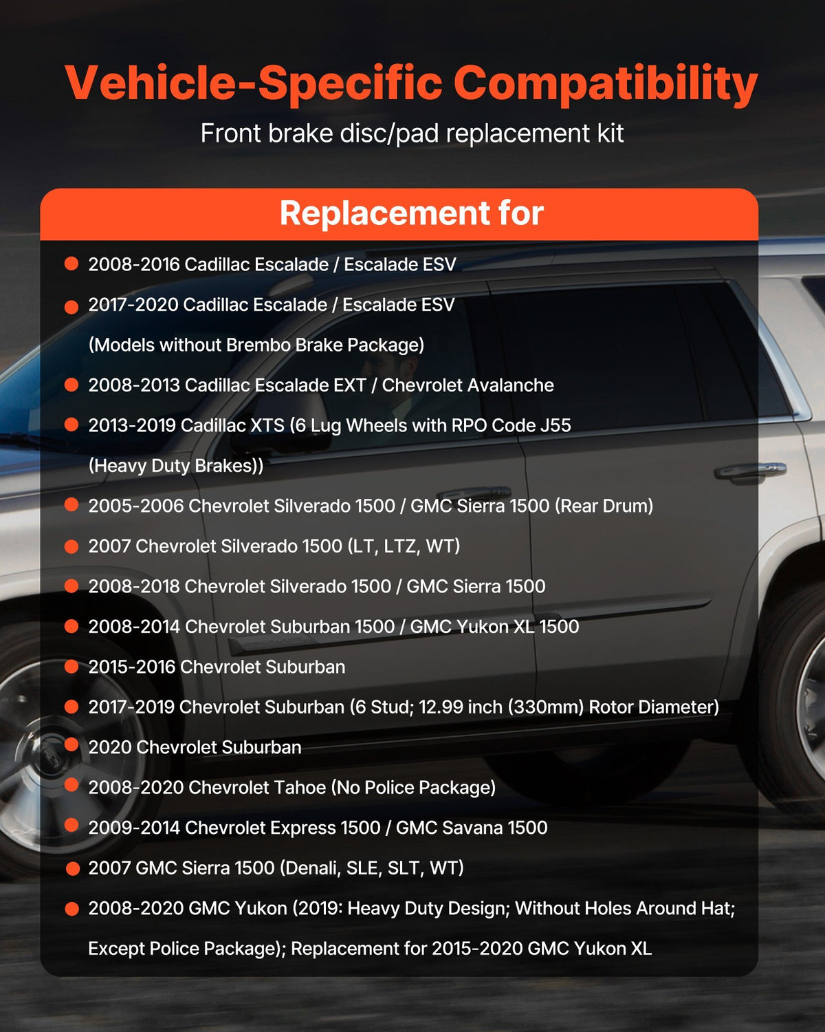 Front Brake Kit Compatible with 2008-2016 Cadillac Escalade/Escalade ESV, 2017-2020 Cadillac Escalade/Escalade ESV (Models without Brembo Brake Package), Drilled & Slotted Brake Rotors Kit