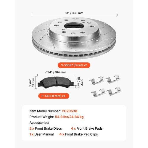 Front Brake Kit Compatible with 2008-2016 Cadillac Escalade/Escalade ESV, 2017-2020 Cadillac Escalade/Escalade ESV (Models without Brembo Brake Package), Drilled & Slotted Brake Rotors Kit