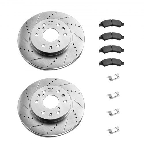 Front Brake Kit Compatible with 2008-2016 Cadillac Escalade/Escalade ESV, 2017-2020 Cadillac Escalade/Escalade ESV (Models without Brembo Brake Package), Drilled & Slotted Brake Rotors Kit