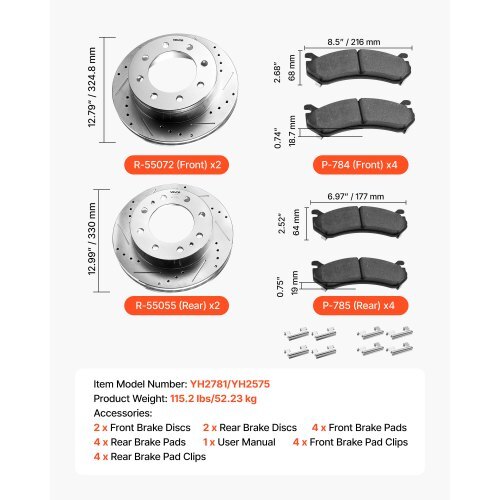 Front and Rear Brake Kit Compatible with 2002-2006 Chevrolet Avalanche 2500 (8 STUD), 2002-2004 Chevrolet Silverado 2500 (Models w/Manual Transmission ONLY), Drilled & Slotted Brake Rotors