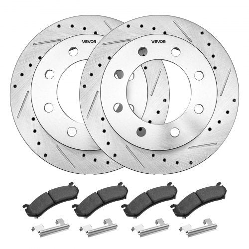 Front and Rear Brake Kit Compatible with 2002-2006 Chevrolet Avalanche 2500 (8 STUD), 2002-2004 Chevrolet Silverado 2500 (Models w/Manual Transmission ONLY), Drilled & Slotted Brake Rotors