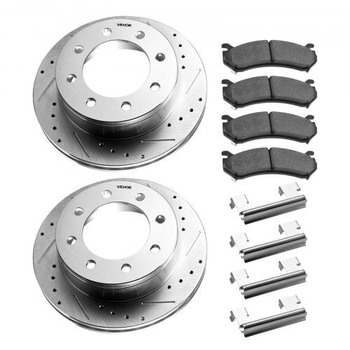 Front and Rear Brake Kit Compatible with 2002-2006 Chevrolet Avalanche 2500 (8 STUD), 2002-2004 Chevrolet Silverado 2500 (Models w/Manual Transmission ONLY), Drilled & Slotted Brake Rotors