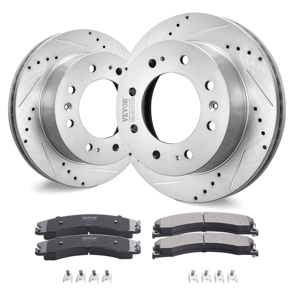 Front Brake Kit Compatible with 2011-2019 Chevy Silverado GMC Sierra 2500 3500 HD, Drilled and Slotted Brake Rotors Ceramic Brake Pads Replacement Kit, 14" Front Rotors