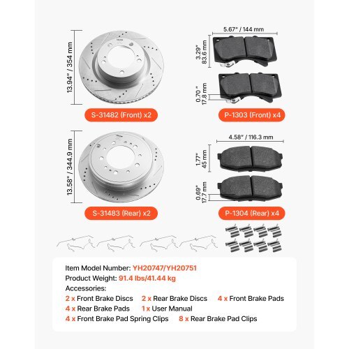 Front & Rear Ceramic Brake Kit Compatible with 2016-2021 Lexus LX570, 2016-2021 Toyota Land Cruiser, Drilled and Slotted Brake Rotors Ceramic Brake Pads Replacement Kit, 14 inch Front Rotors