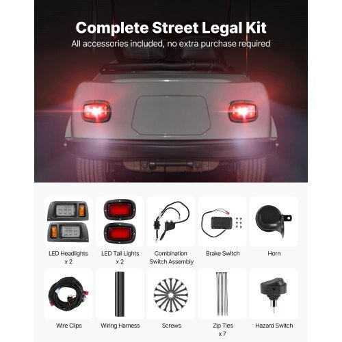 Golf Cart Light Kit, 12 Volt, Street Legal LED Headlight and Taillight Kit with Wiring Harness, Turn Signals, Hazard Light, Switch Horn, Brake Pad, Zip Ties, ABS Housing, for Club Car DS 1993-Up