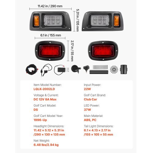 Golf Cart Light Kit, 12 Volt, Street Legal LED Headlight and Taillight Kit with Wiring Harness, Turn Signals, Hazard Light, Switch Horn, Brake Pad, Zip Ties, ABS Housing, for Club Car DS 1993-Up