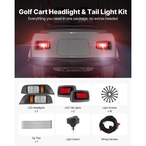 Golf Cart Light Kit, 12V, LED Headlight and Taillight Kit with Wiring Harness, Switch, Zip Ties, ABS Housing, High-Brightness, Waterproof and Dustproof, Suitable for Club Car DS 1993-Up Models