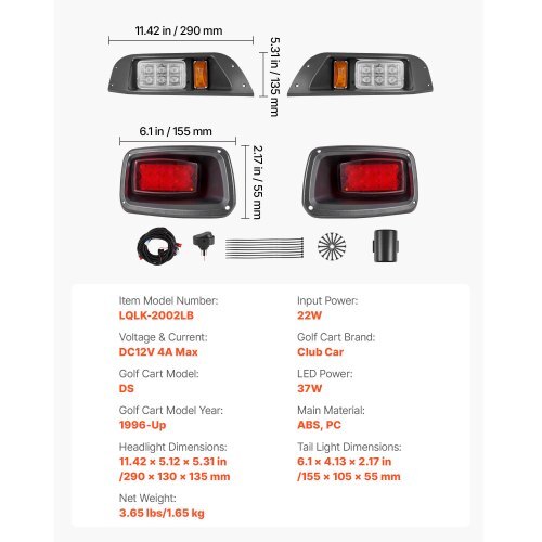 Golf Cart Light Kit, 12V, LED Headlight and Taillight Kit with Wiring Harness, Switch, Zip Ties, ABS Housing, High-Brightness, Waterproof and Dustproof, Suitable for Club Car DS 1993-Up Models