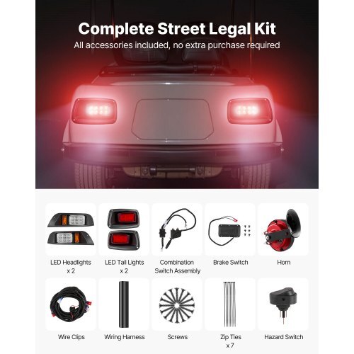 Golf Cart Light Kit, 12 Volt, Street Legal LED Headlight and Tail Light Kit with Wiring Harness, Turn Signals, Hazard Light, Switch Horn, Brake Pad, Zip Ties, ABS Housing, for EZGO TXT 1996-2013