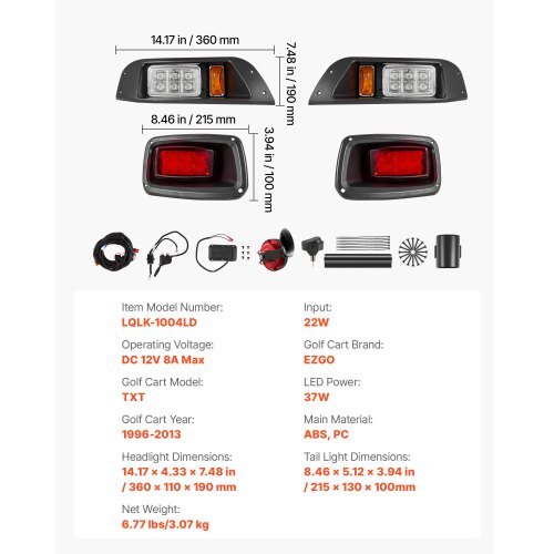 Golf Cart Light Kit, 12 Volt, Street Legal LED Headlight and Tail Light Kit with Wiring Harness, Turn Signals, Hazard Light, Switch Horn, Brake Pad, Zip Ties, ABS Housing, for EZGO TXT 1996-2013