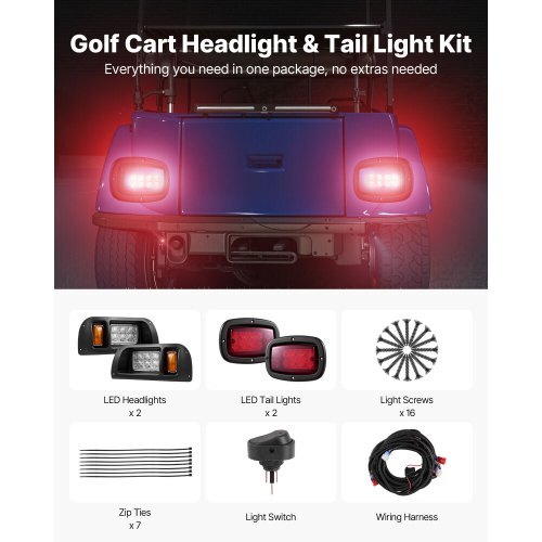 Golf Cart Light Kit, 12 Volt, LED Headlight and Tail Light Kit with Wiring Harness, Switch, Zip Ties, ABS Housing, High-Brightness, Waterproof and Dustproof, Fit for EZGO TXT 1996-2013 Models