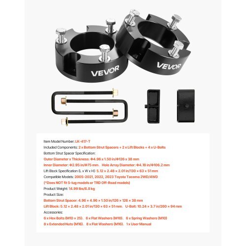 3 Inch Front and 2 Inch Rear Leveling Lift Kit for 2005-2021, 2022, 2023 Toyota Tacoma 2WD/4WD, Chassis Level Kit with 2 Front Strut Spacers, 2 Rear Lift Blocks, 4 U-Bolts, Suspension Level Kit