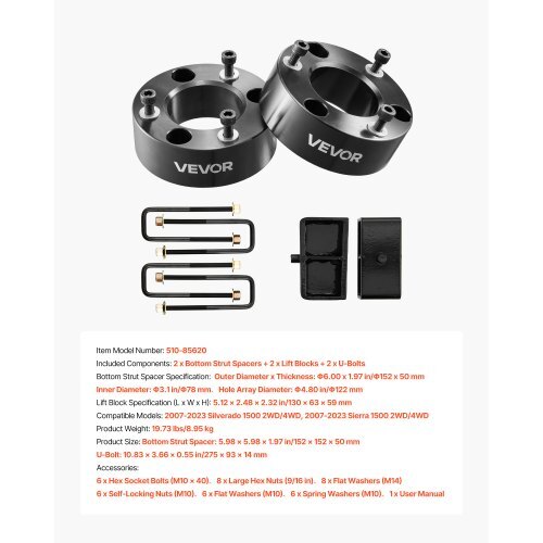 3 Inch Front and 2 Inch Rear Leveling Lift Kit for 2007-2023 Silverado 1500 2WD/4WD, 2007-2023 Sierra 1500 2WD/4WD, Chassis Level Kit with 2 Front Strut Spacers, 2 Rear Lift Blocks, 2 U-Bolts